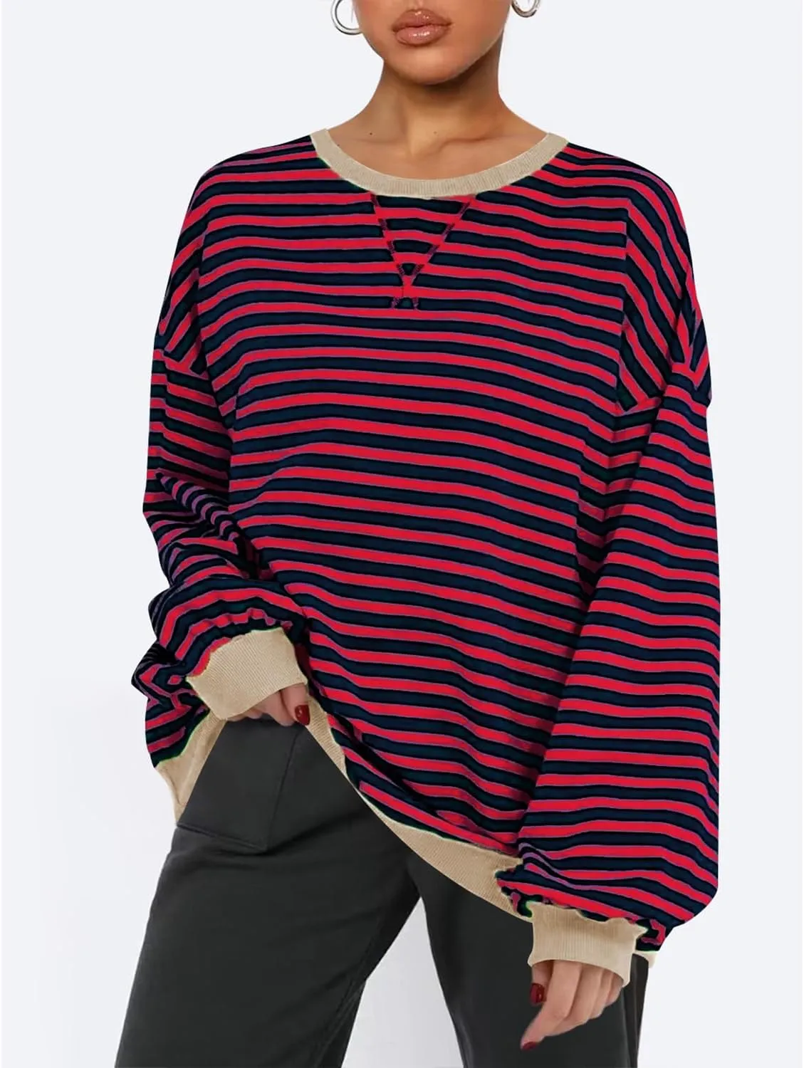 BROVAVE Womens Oversized Sweatshirt Sweater Fall Crewneck Striped Long Sleeve Shirts Preppy Top Y2K Outfits