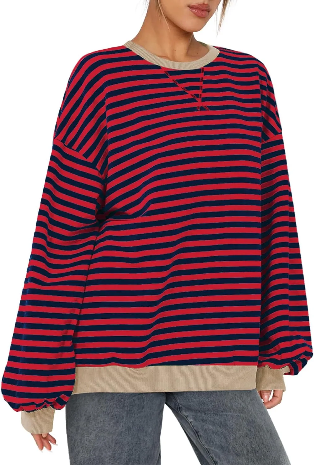 BROVAVE Womens Oversized Sweatshirt Sweater Fall Crewneck Striped Long Sleeve Shirts Preppy Top Y2K Outfits