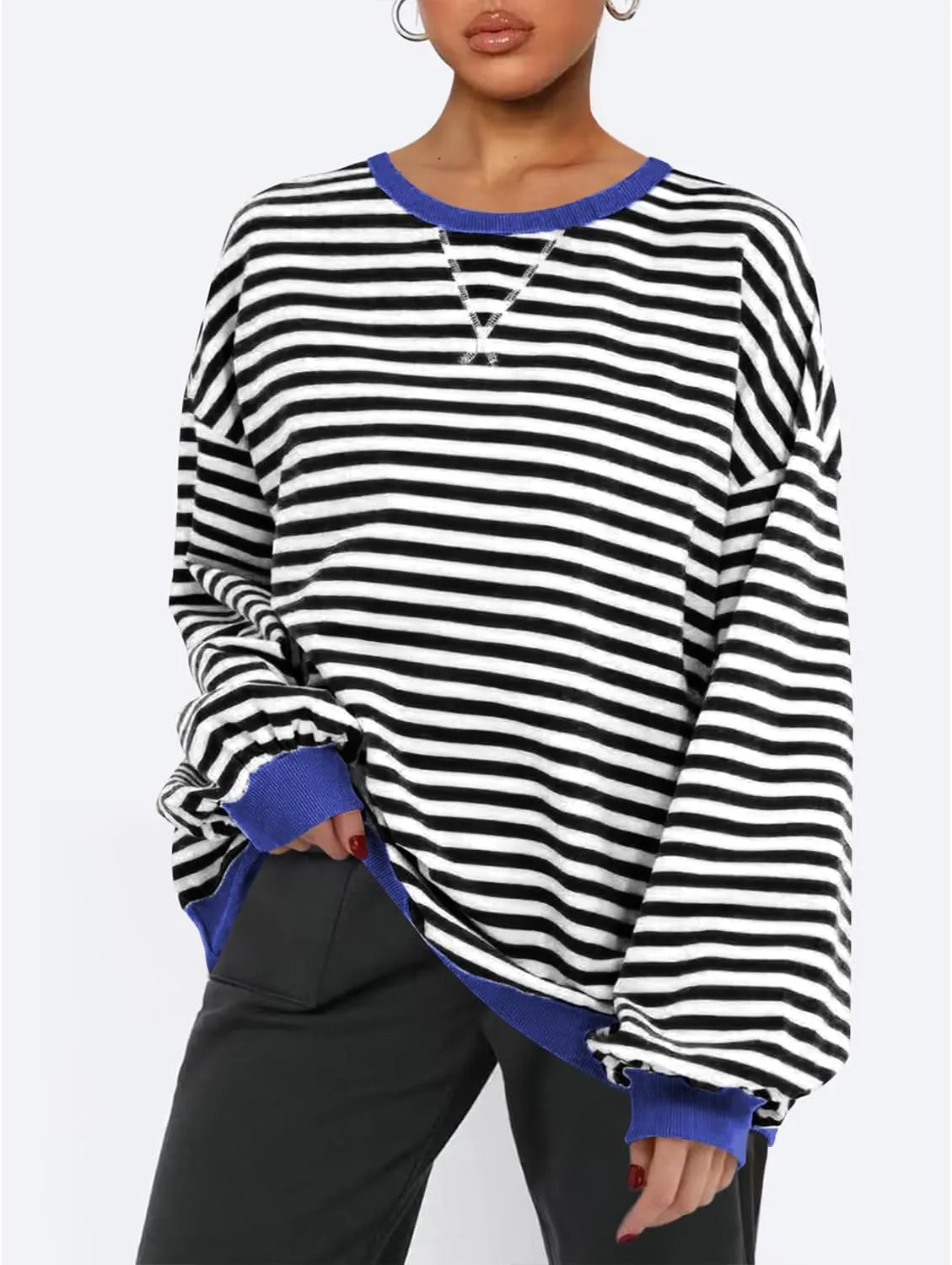 BROVAVE Womens Oversized Sweatshirt Sweater Fall Crewneck Striped Long Sleeve Shirts Preppy Top Y2K Outfits