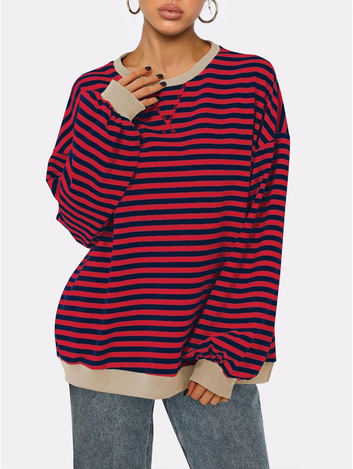 BROVAVE Womens Oversized Sweatshirt Sweater Fall Crewneck Striped Long Sleeve Shirts Preppy Top Y2K Outfits