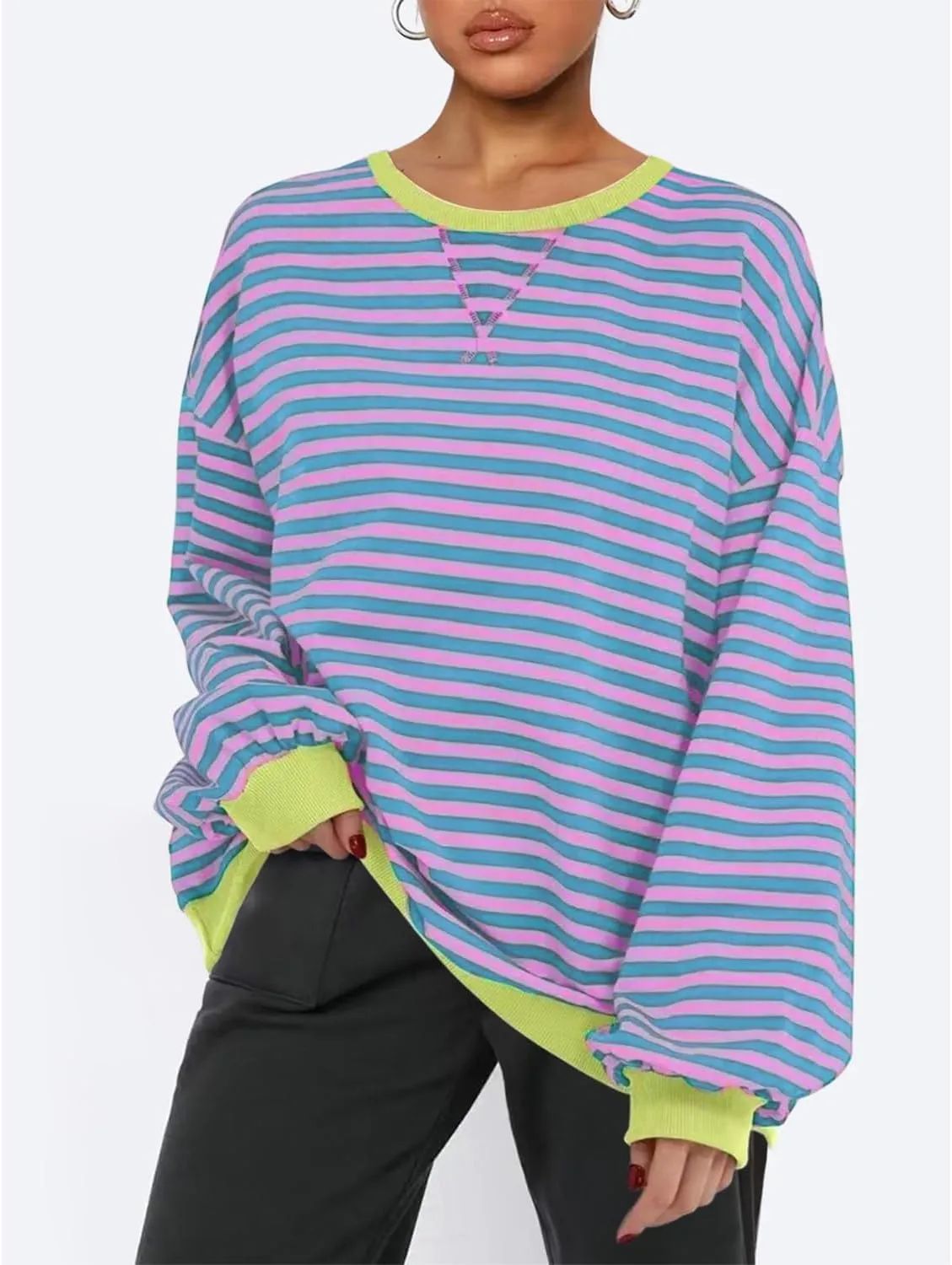 BROVAVE Womens Oversized Sweatshirt Sweater Fall Crewneck Striped Long Sleeve Shirts Preppy Top Y2K Outfits