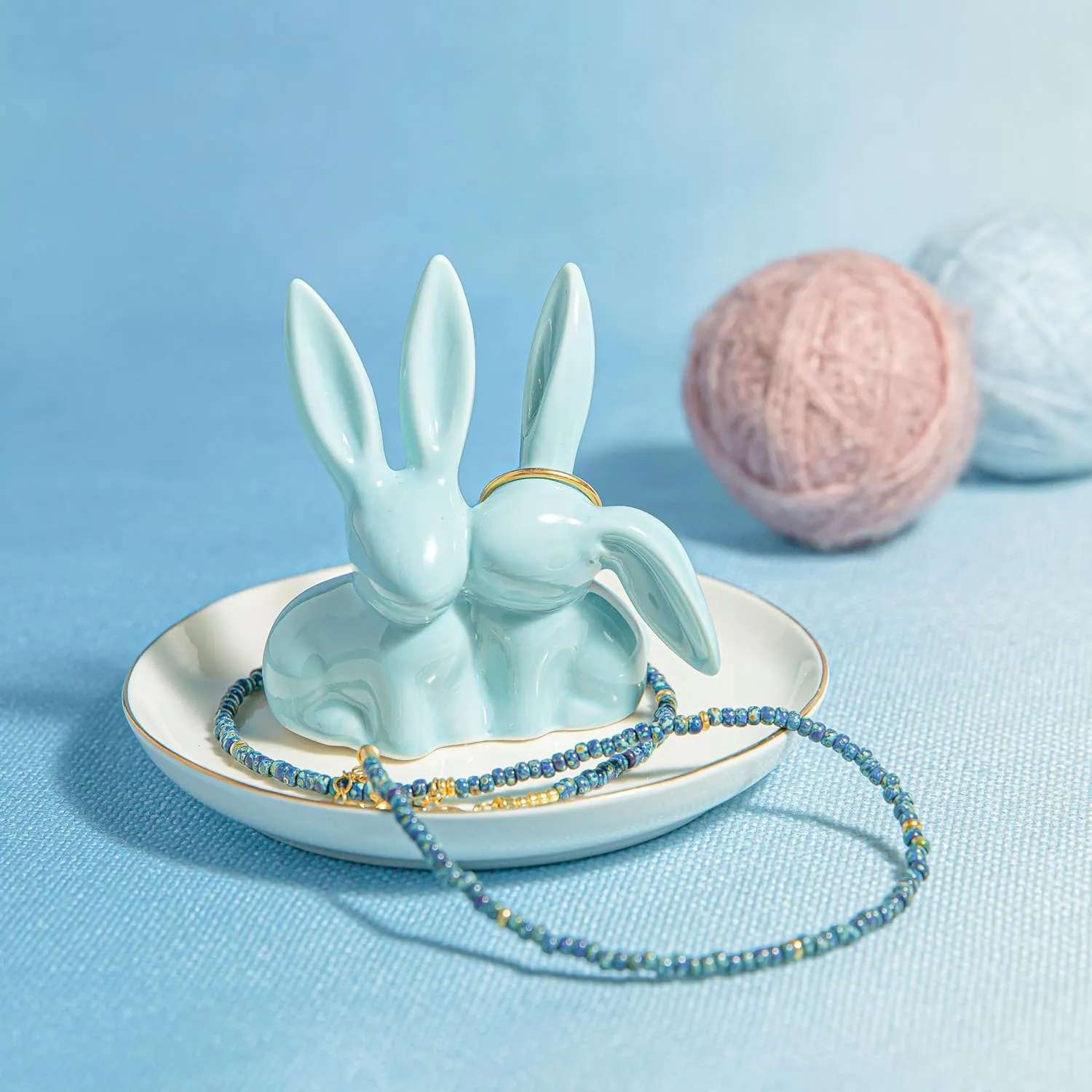 Bunny Ring Holder Rabbit Ring Dish Ceramic Jewelry Holder Dish Trinket tray for Rings Earrings Necklace Organizer, Wedding Engagement Ring Holder (Blue)