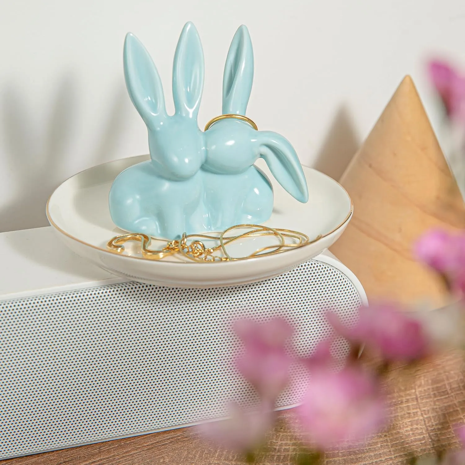 Bunny Ring Holder Rabbit Ring Dish Ceramic Jewelry Holder Dish Trinket tray for Rings Earrings Necklace Organizer, Wedding Engagement Ring Holder (Blue)