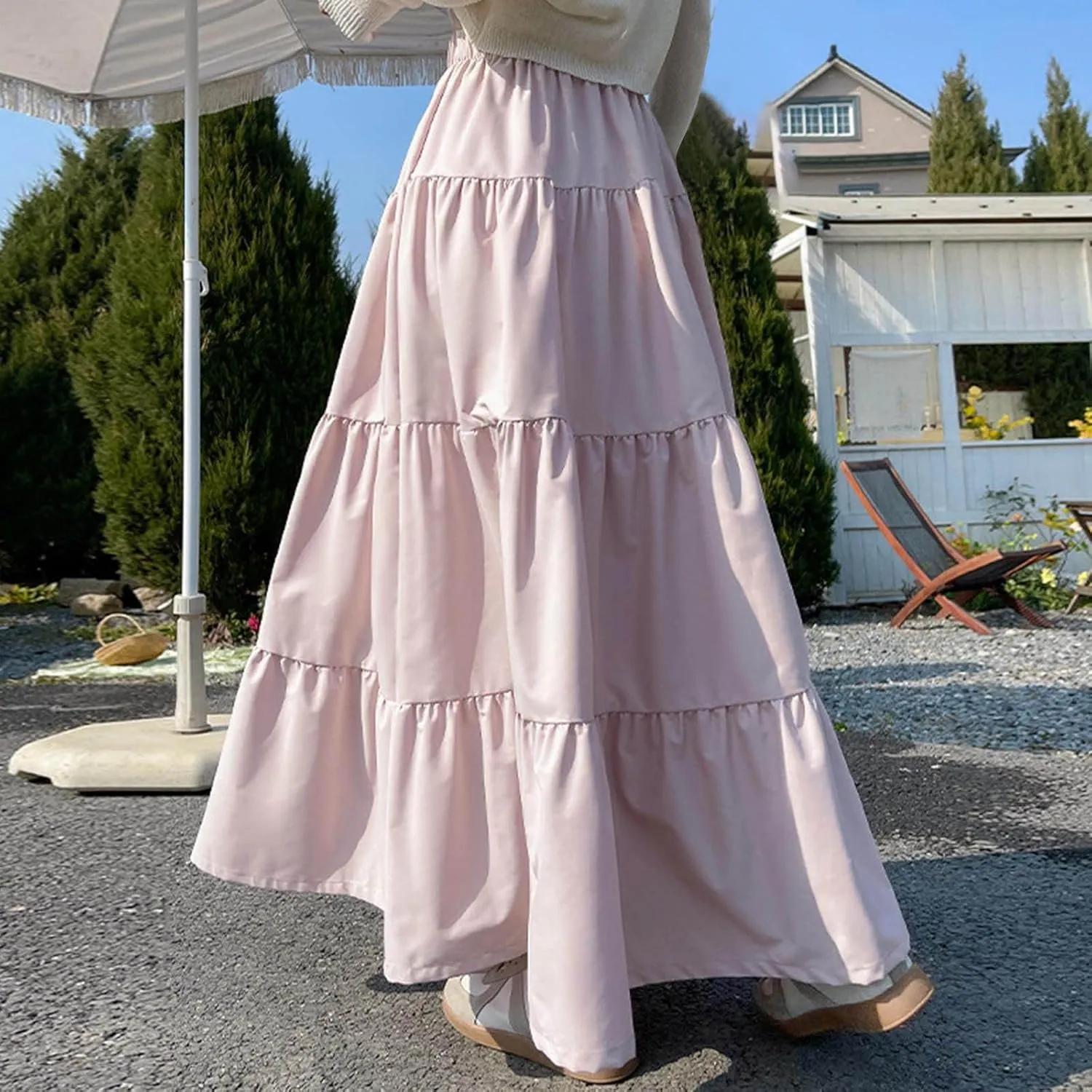 Casual Tiered Maxi Skirts for Women Cute Elastic High Waist Pleated Long Skirt Comfy A Linen Summer Dress