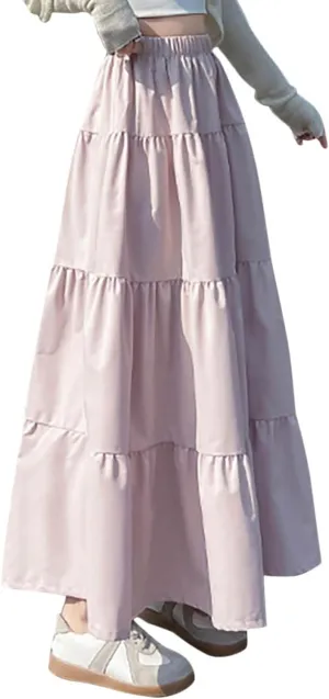 Casual Tiered Maxi Skirts for Women Cute Elastic High Waist Pleated Long Skirt Comfy A Linen Summer Dress