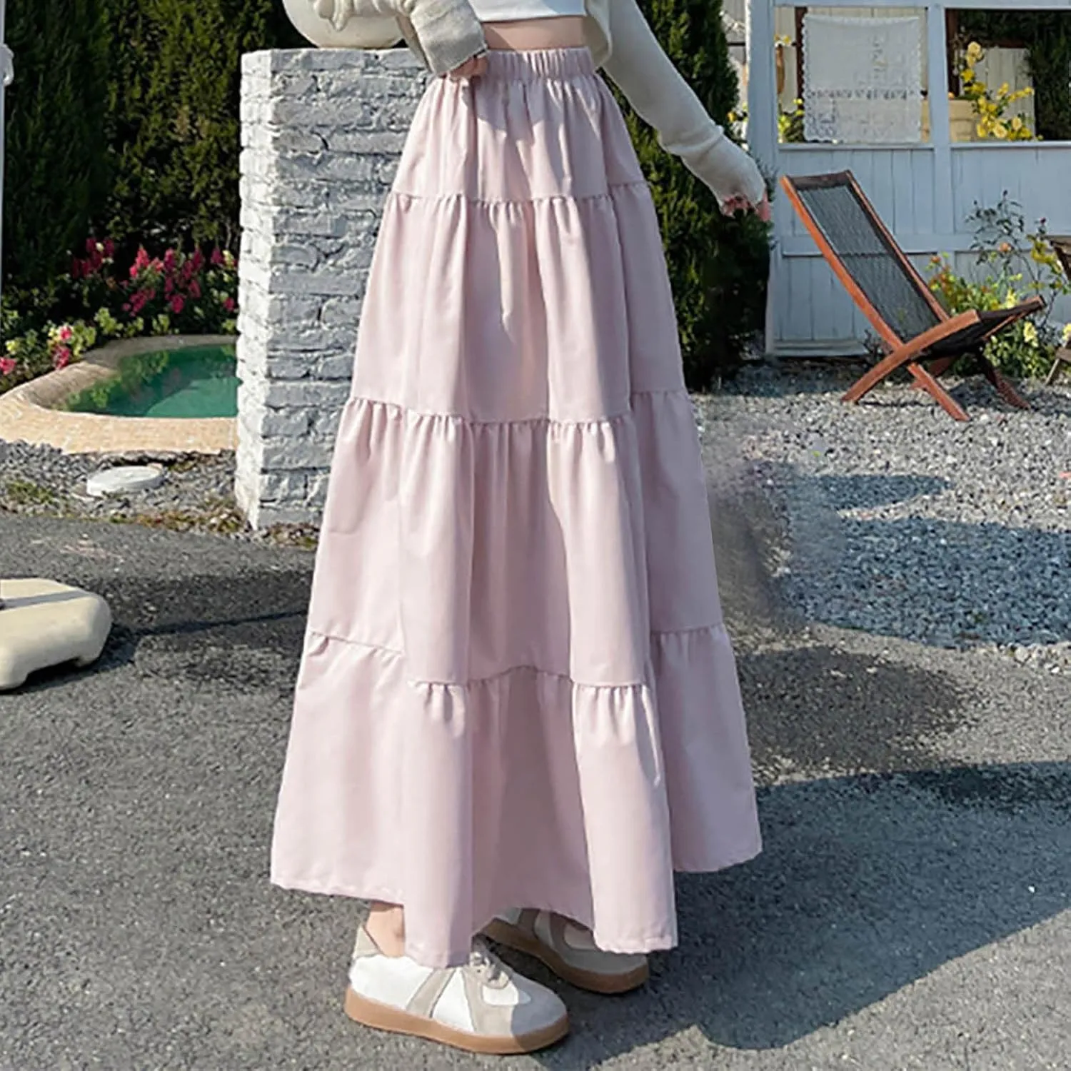Casual Tiered Maxi Skirts for Women Cute Elastic High Waist Pleated Long Skirt Comfy A Linen Summer Dress