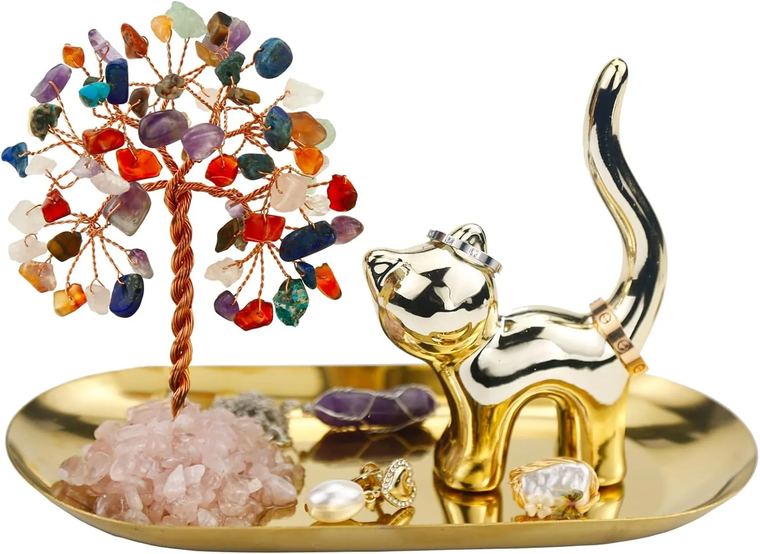 Cat Ring Holder Cat Lovers Gifts for Women, Crystal Tree Ring Dish Earrings Jewelry Box Organizer Trinket Tray, Birthday Gifts for Teen girls Trendy Stuff