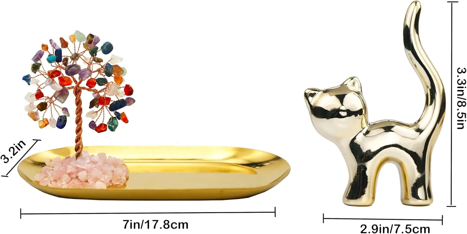 Cat Ring Holder Cat Lovers Gifts for Women, Crystal Tree Ring Dish Earrings Jewelry Box Organizer Trinket Tray, Birthday Gifts for Teen girls Trendy Stuff