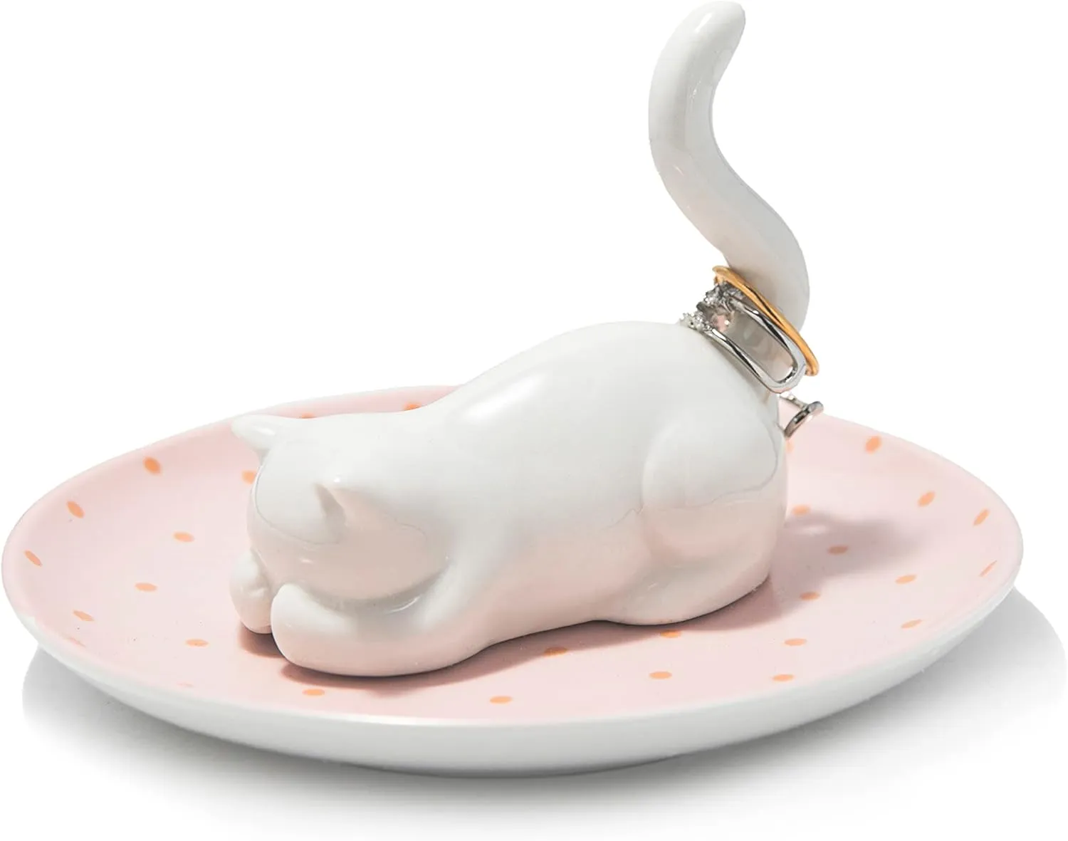 Cat Ring Holder Ceramic Jewelry Dish Trinket Tray for Rings, Earrings, Organizer - Funny Themed Gifts for Cat Lovers, Mom, Women's Birthday