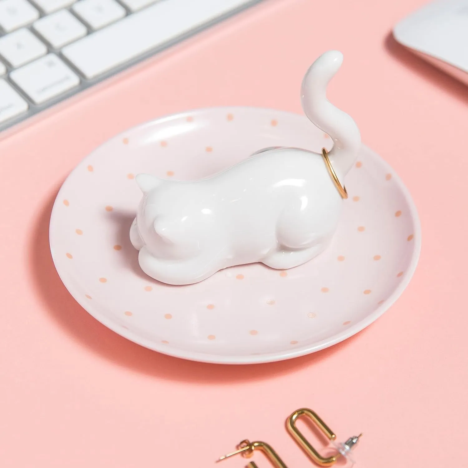 Cat Ring Holder Ceramic Jewelry Dish Trinket Tray for Rings, Earrings, Organizer - Funny Themed Gifts for Cat Lovers, Mom, Women's Birthday