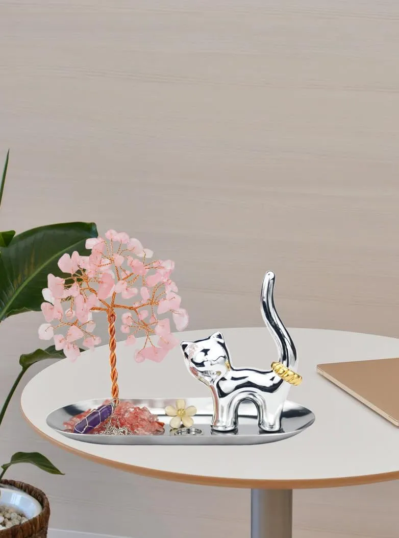 Cat Ring Holder, Cute Animals Jewelry Tray, Cat Lovers Gifts for Women, Pink Room Japanese Decor, Birthday Gifts for Teen Girls Trendy Stuff - Rose Quartz