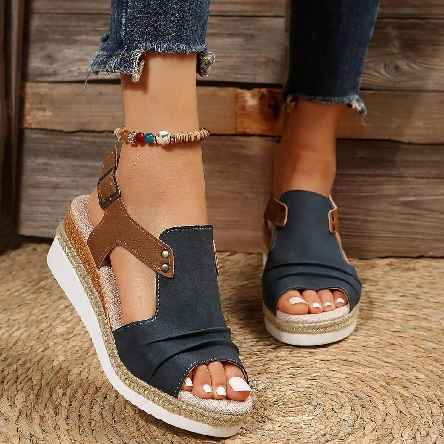 Cathalem Orthopedic Platform Wedge Sandals for Women Summer Dressy 2024 Flat Open Toe Ankle Strap Espadrilles Sandals