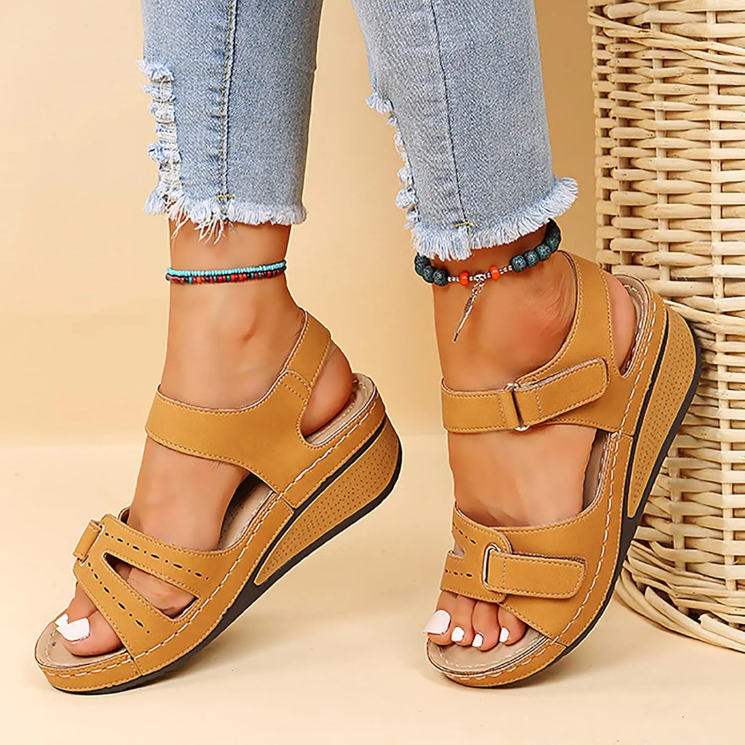 Cathalem Summer Sandals for Women 2024 Open Toe Ankle Strap Platform Sandals Casual Strappy Low Wedges Beach Outdoor Shoes
