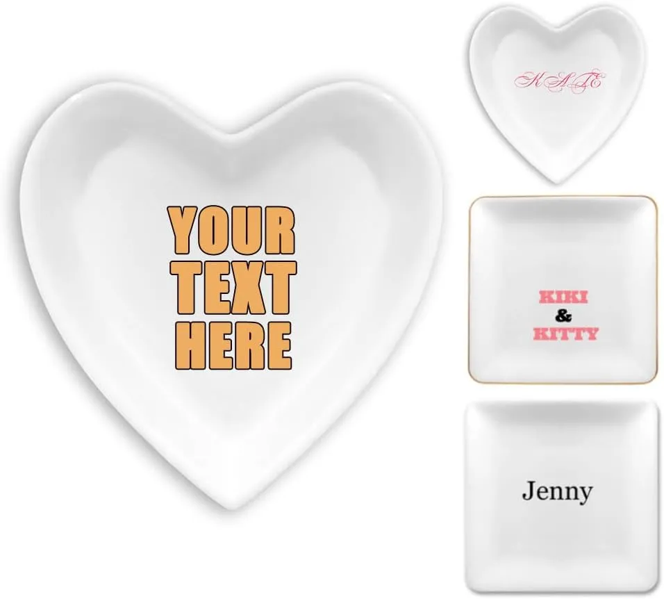 Ceramic Jewelry Plate Custom with Image Text, Customizable Decorative Plate for Home Office Bedroom Bathroom Kitchen, Personalized Wedding Bridesmaid Gifts, 3.46"x3.54", White, Heart Shape