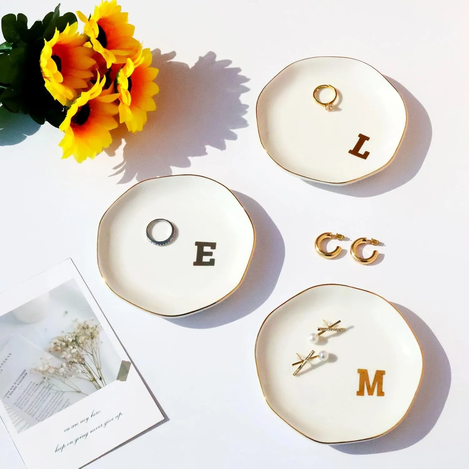 Ceramic Jewelry Tray Initial Ring Dish Personalized E-Monogrammed Engagement Wedding Gifts,Decorative Jewelry Holder for Birthday Mother's Day Christmas for Women, Ceramic White 4.5" (E)