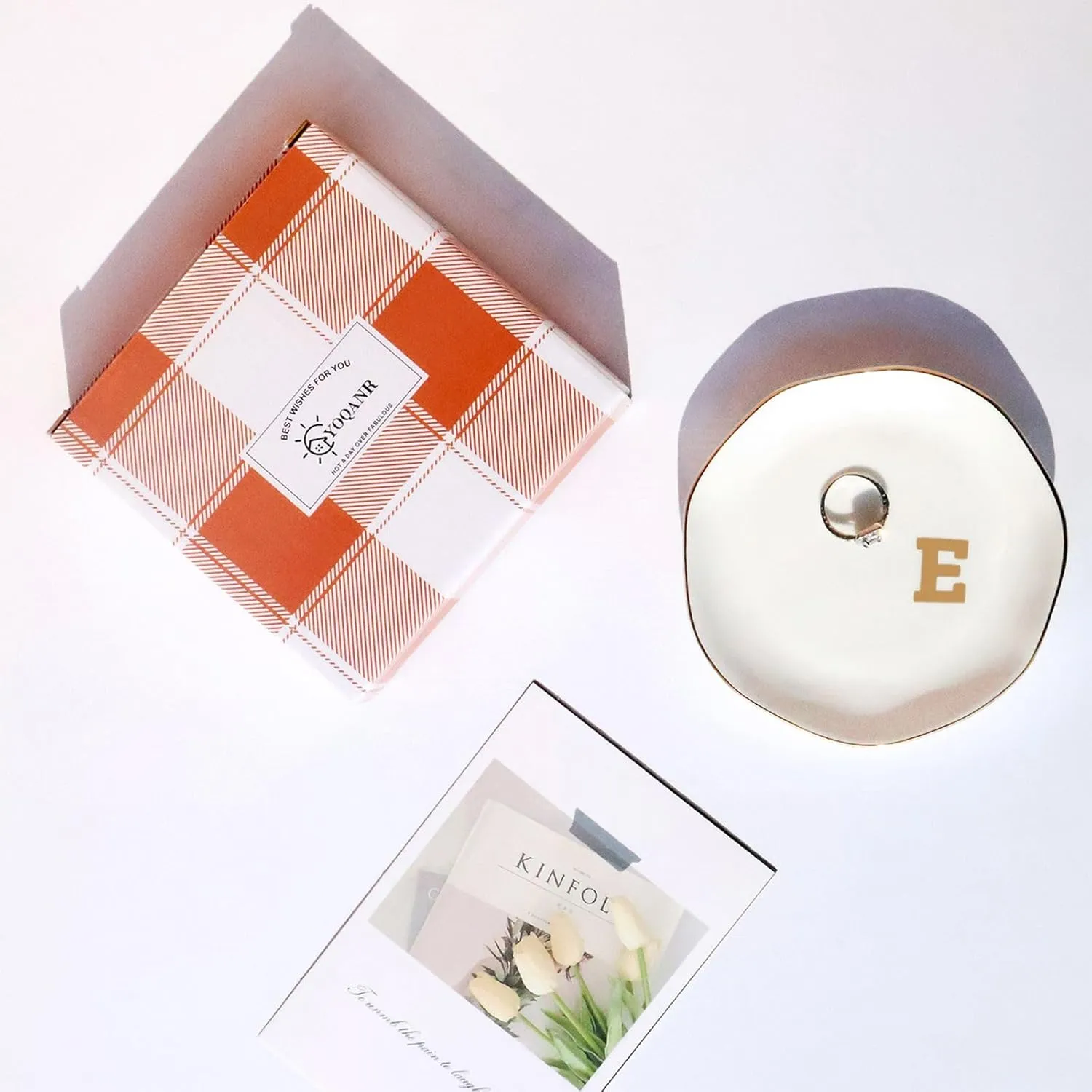 Ceramic Jewelry Tray Initial Ring Dish Personalized E-Monogrammed Engagement Wedding Gifts,Decorative Jewelry Holder for Birthday Mother's Day Christmas for Women, Ceramic White 4.5" (E)