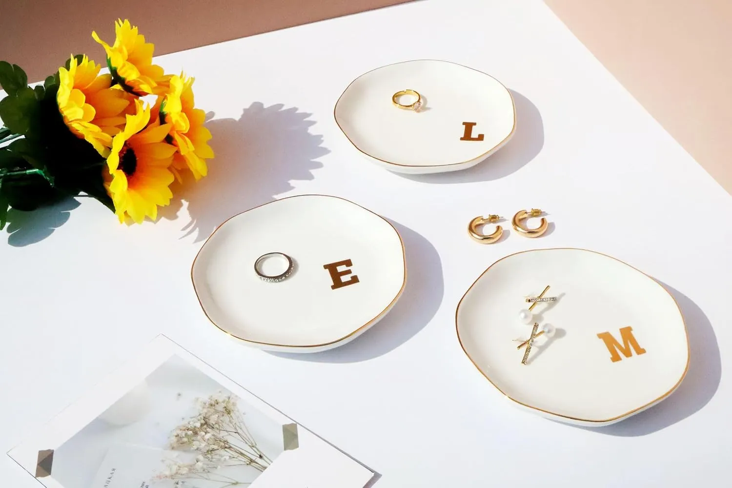 Ceramic Jewelry Tray Initial Ring Dish Personalized E-Monogrammed Engagement Wedding Gifts,Decorative Jewelry Holder for Birthday Mother's Day Christmas for Women, Ceramic White 4.5" (E)