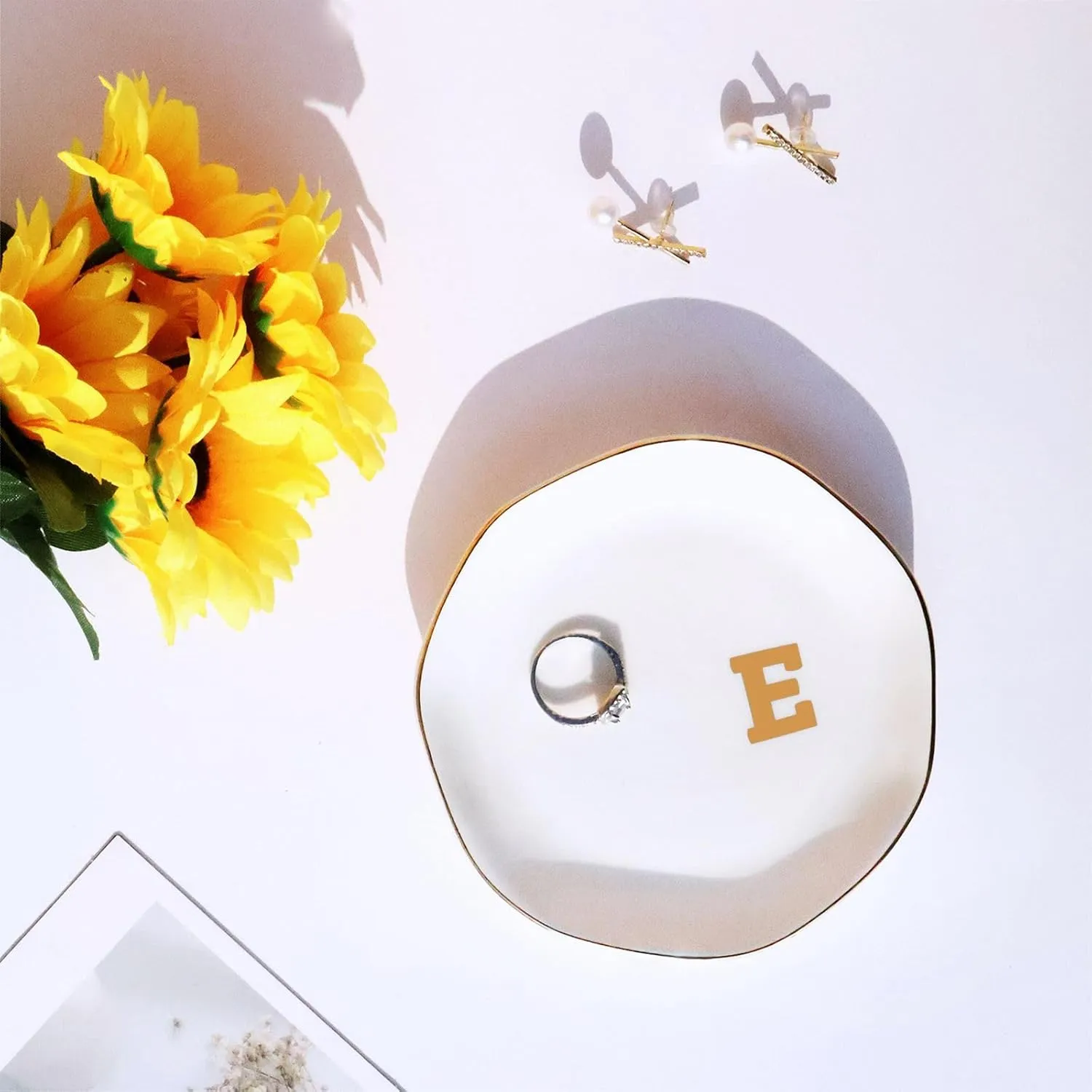 Ceramic Jewelry Tray Initial Ring Dish Personalized E-Monogrammed Engagement Wedding Gifts,Decorative Jewelry Holder for Birthday Mother's Day Christmas for Women, Ceramic White 4.5" (E)