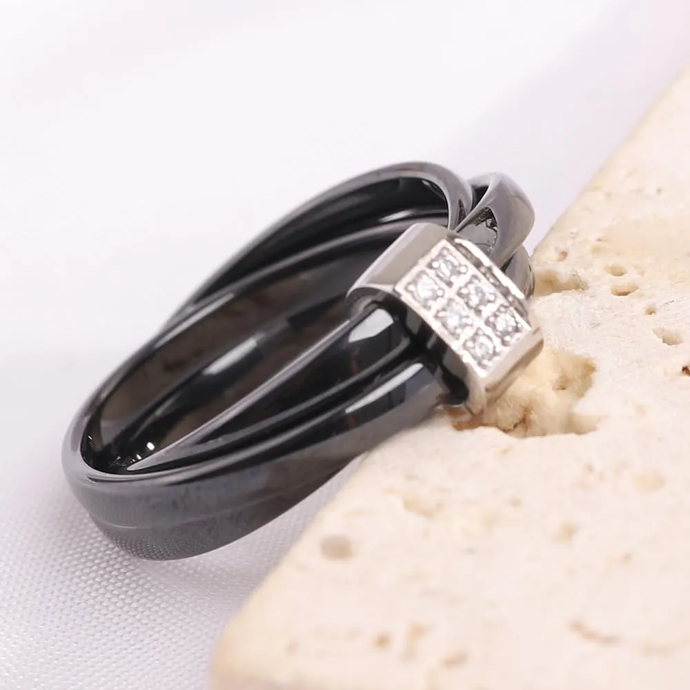 Ceramic Wedding Band Ring for Women Stackable Rings, Polished Ceramic with Stainless Steel & Zirconia Patchwork