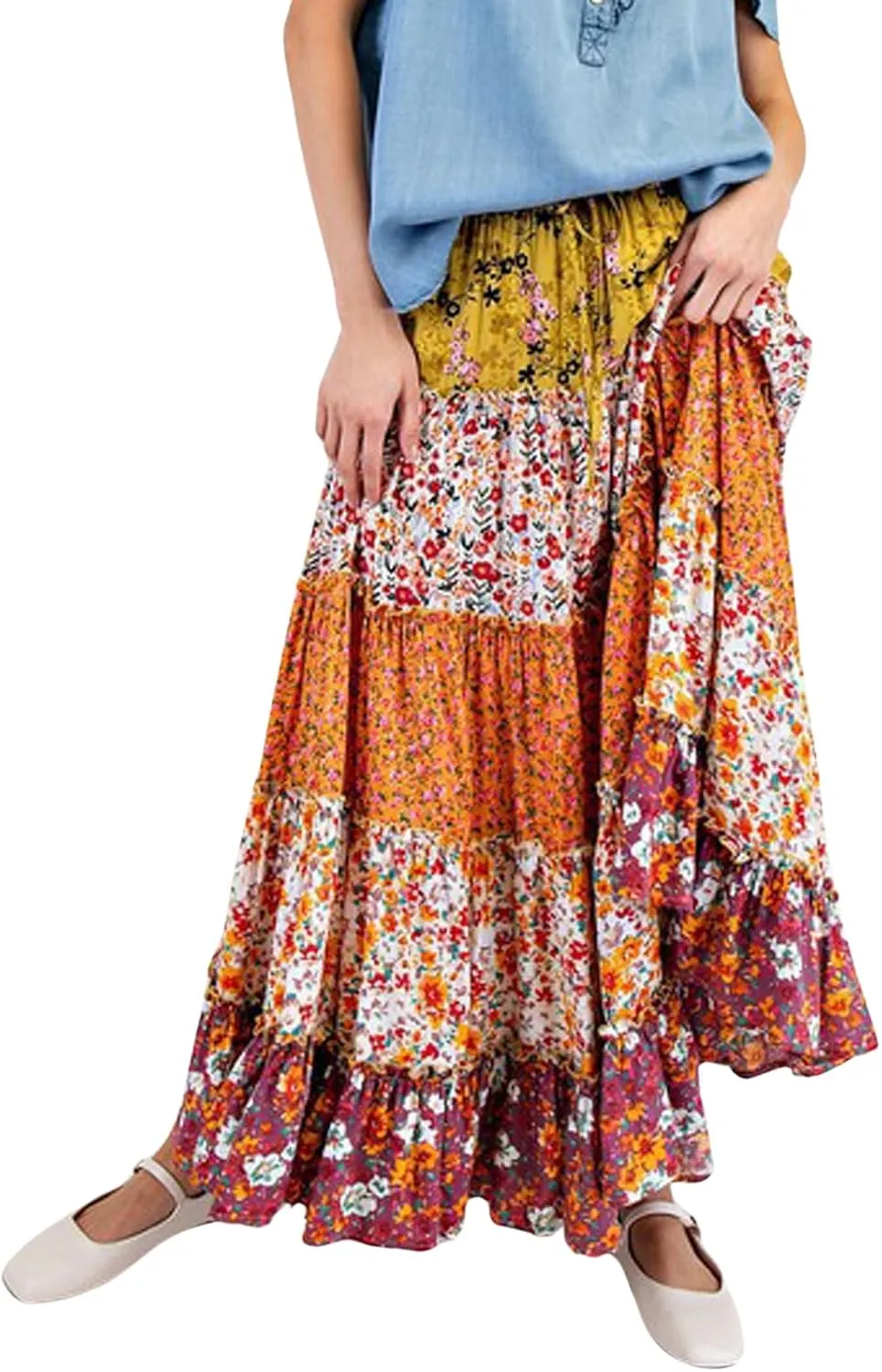 CHARTOU Women Floral Flowy Beach Maxi Skirt Pleated Boho Tiered Elastic High Waist Long Skirts