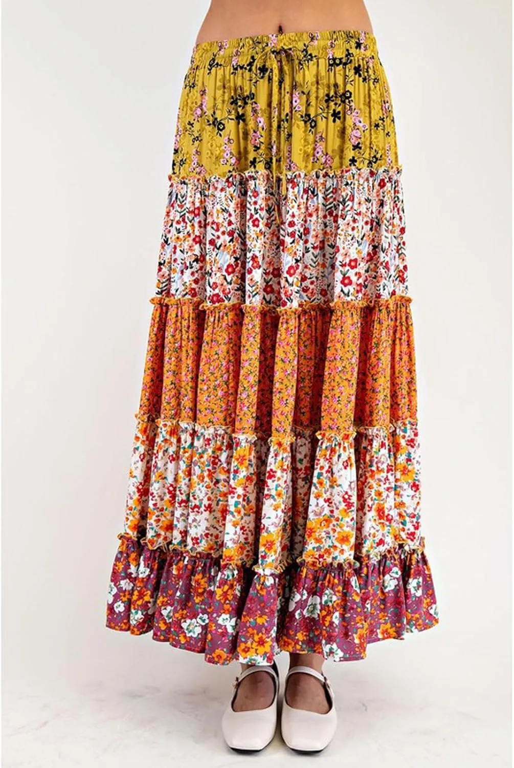 CHARTOU Women Floral Flowy Beach Maxi Skirt Pleated Boho Tiered Elastic High Waist Long Skirts
