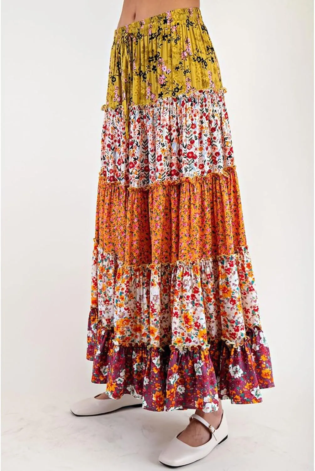 CHARTOU Women Floral Flowy Beach Maxi Skirt Pleated Boho Tiered Elastic High Waist Long Skirts