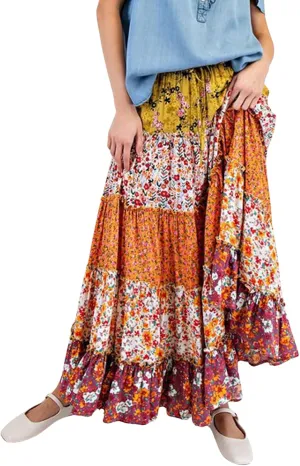 CHARTOU Women Floral Flowy Beach Maxi Skirt Pleated Boho Tiered Elastic High Waist Long Skirts