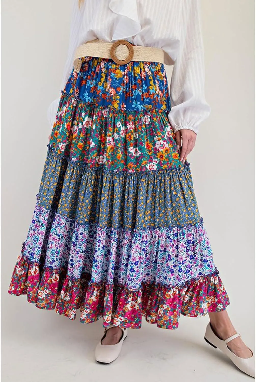 CHARTOU Women Floral Flowy Beach Maxi Skirt Pleated Boho Tiered Elastic High Waist Long Skirts