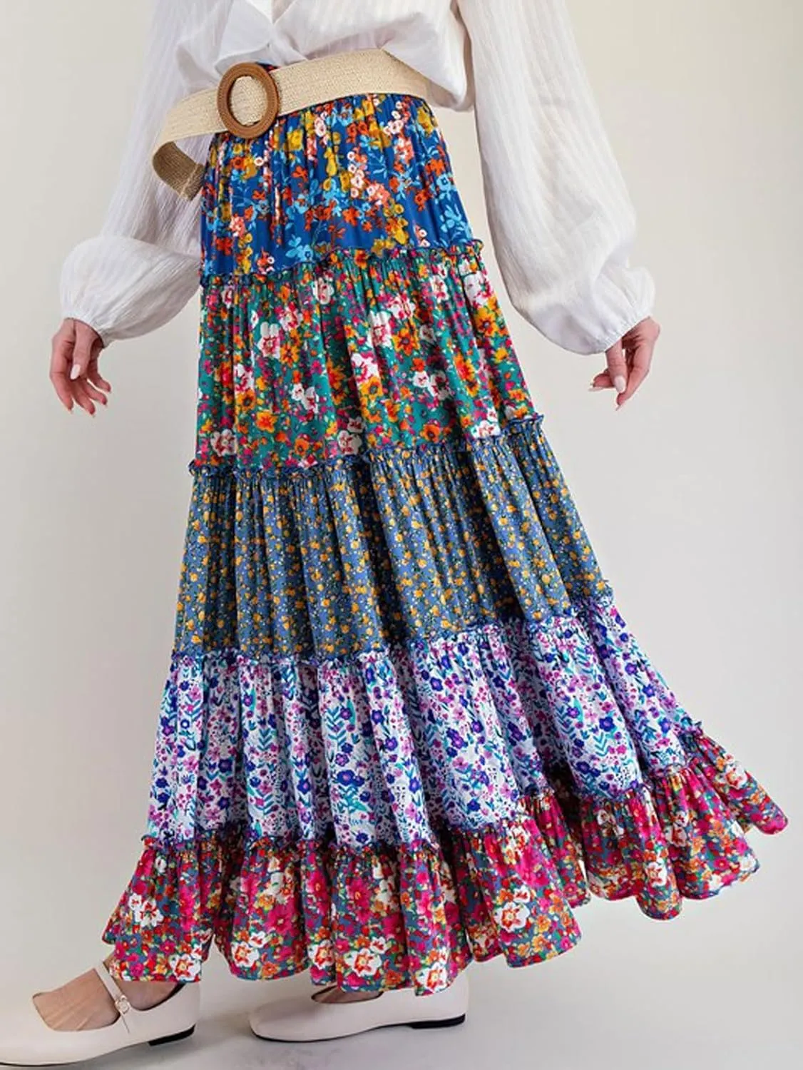 CHARTOU Women Floral Flowy Beach Maxi Skirt Pleated Boho Tiered Elastic High Waist Long Skirts
