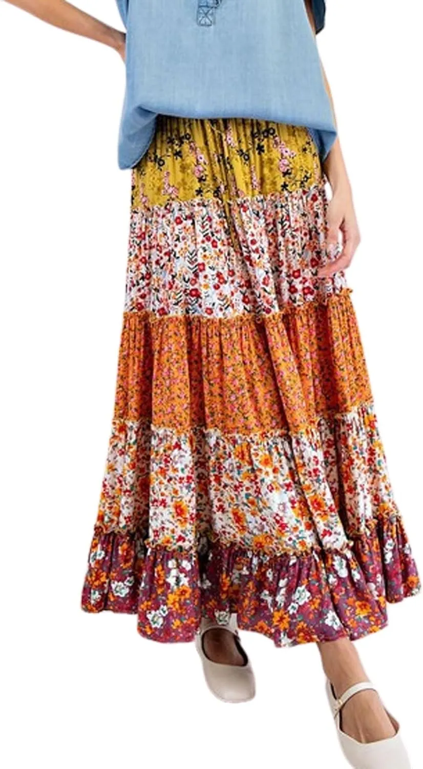 CHARTOU Women Floral Flowy Beach Maxi Skirt Pleated Boho Tiered Elastic High Waist Long Skirts