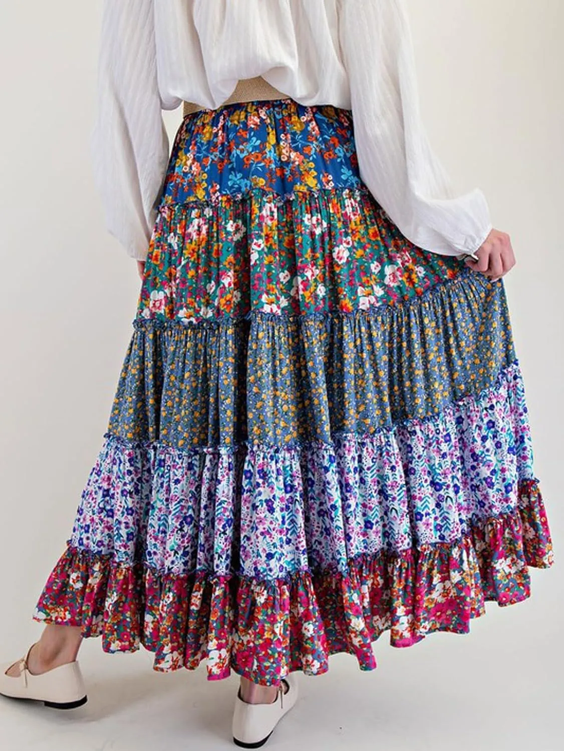 CHARTOU Women Floral Flowy Beach Maxi Skirt Pleated Boho Tiered Elastic High Waist Long Skirts