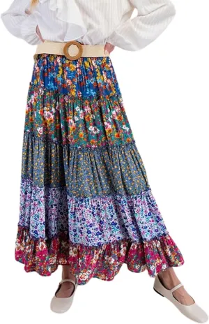 CHARTOU Women Floral Flowy Beach Maxi Skirt Pleated Boho Tiered Elastic High Waist Long Skirts