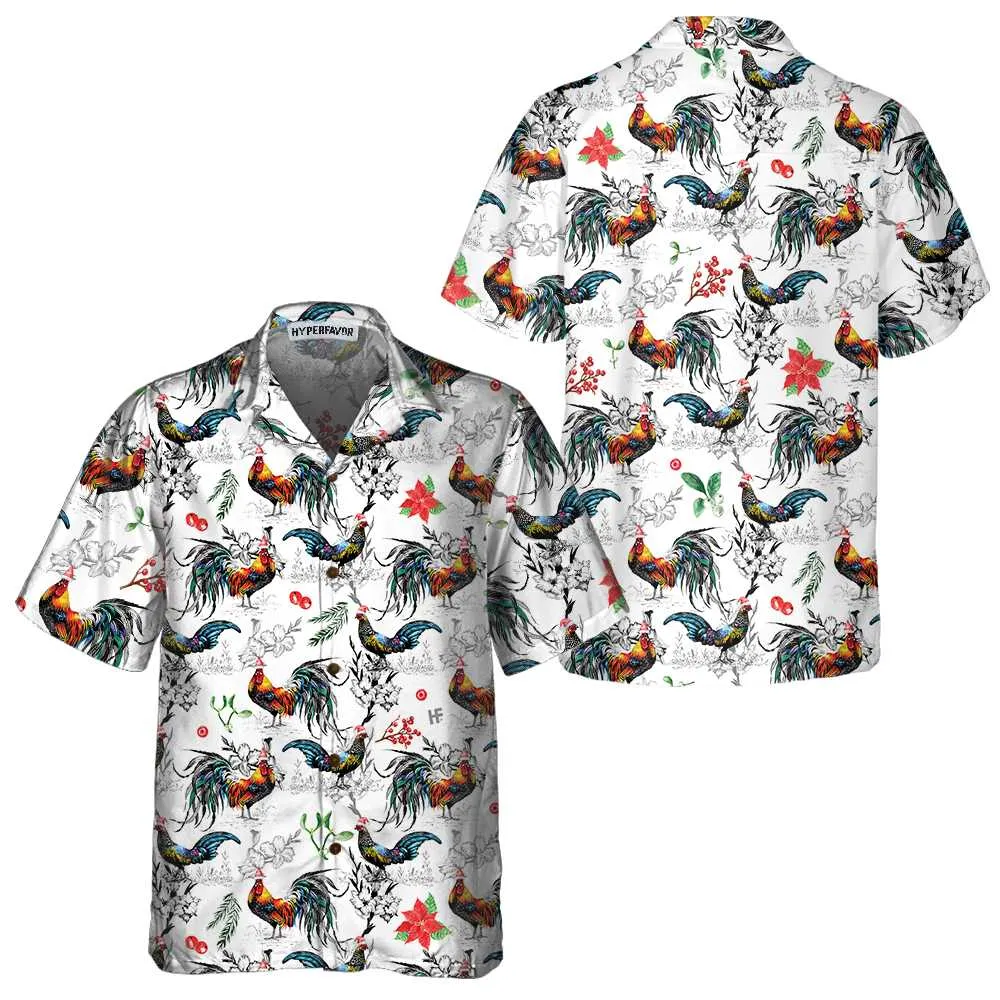 Christmas Chicken With Poinsettia Flower Hawaiian Shirt, Tropical Christmas Shirt For Men
