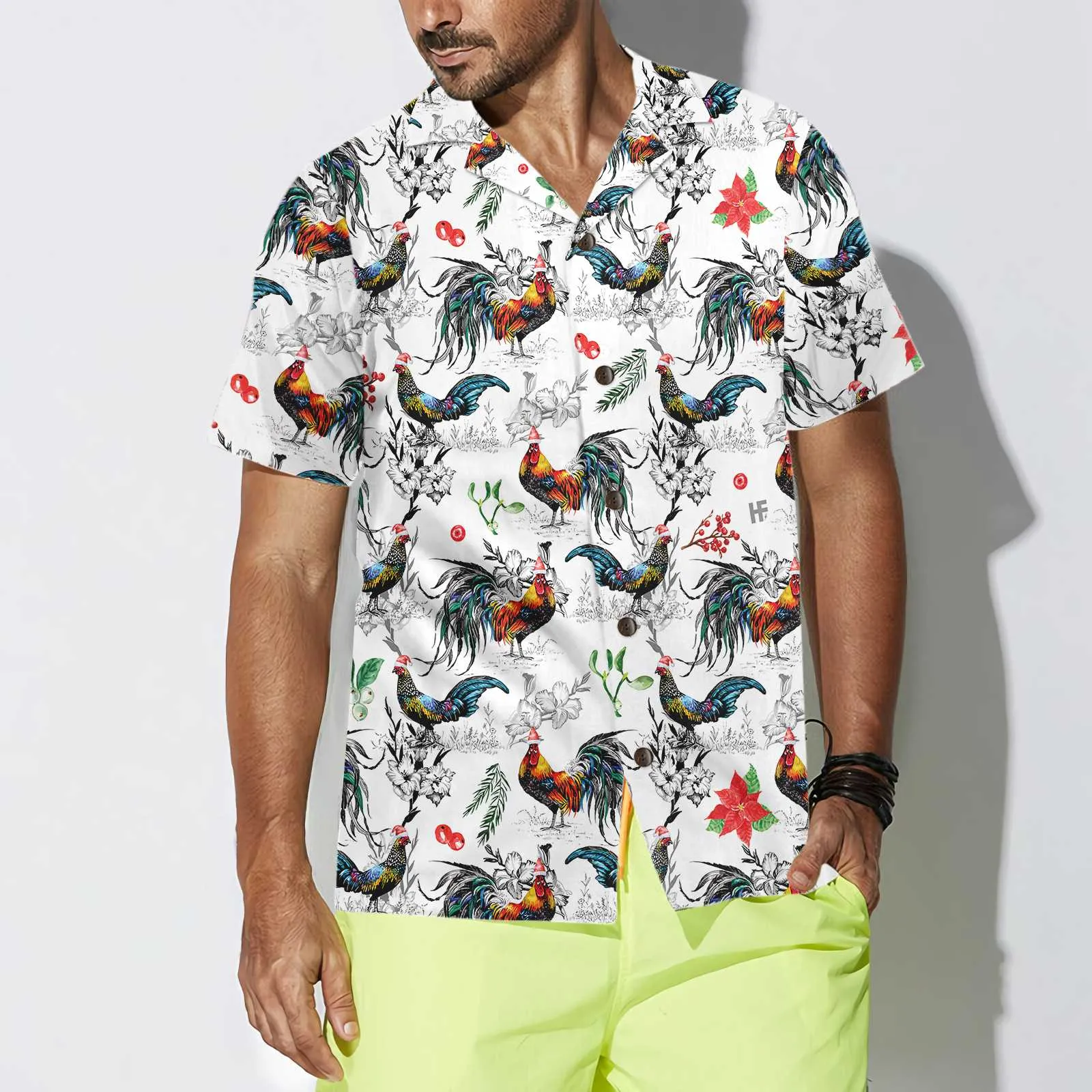 Christmas Chicken With Poinsettia Flower Hawaiian Shirt, Tropical Christmas Shirt For Men