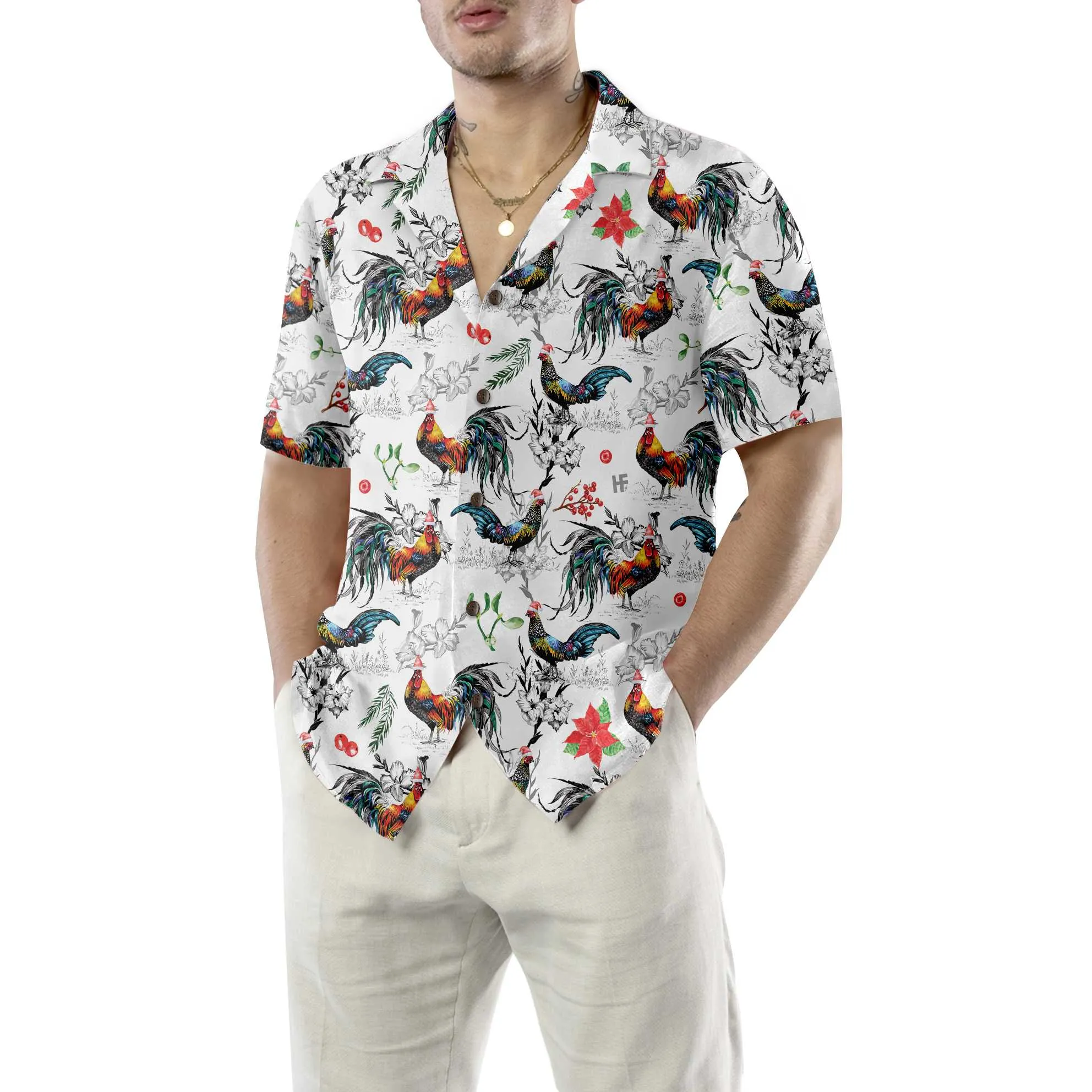 Christmas Chicken With Poinsettia Flower Hawaiian Shirt, Tropical Christmas Shirt For Men