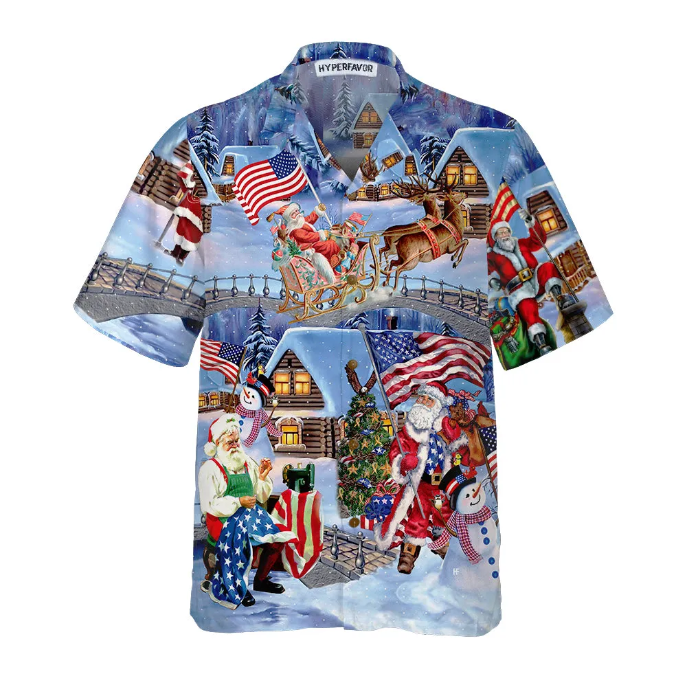 Christmas Holiday Santa Patriot Hawaiian Shirt, American Flag Christmas Shirt, Unique Christmas Gift