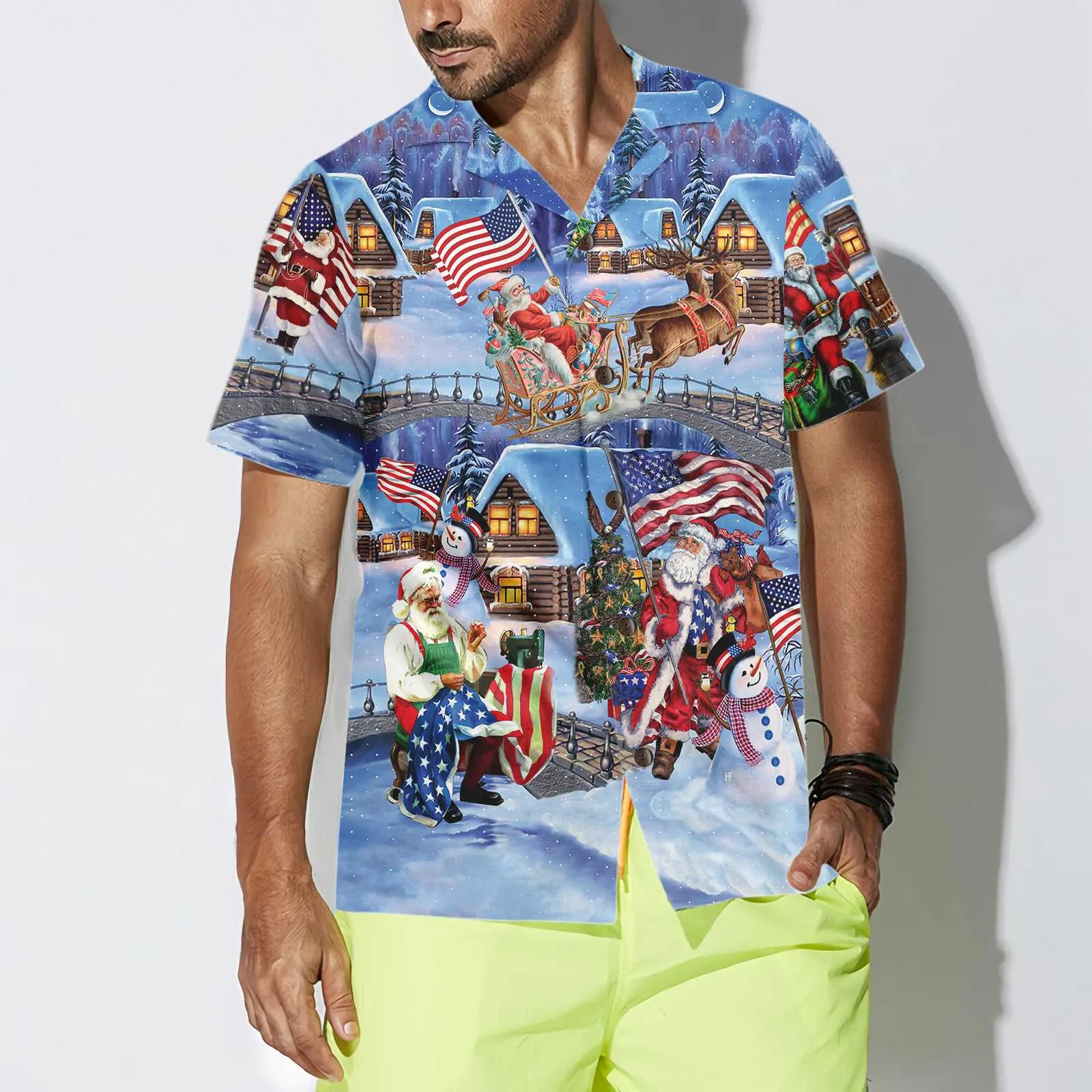 Christmas Holiday Santa Patriot Hawaiian Shirt, American Flag Christmas Shirt, Unique Christmas Gift