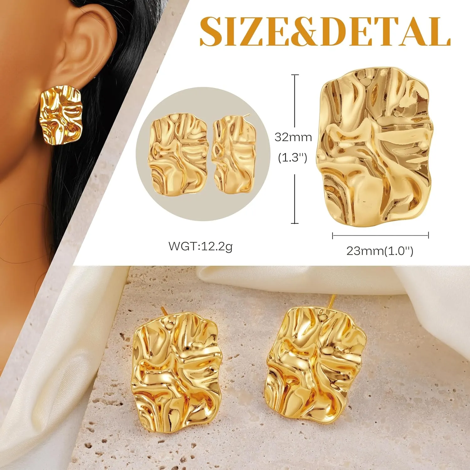 Chunky Gold Studs Earrings for Women- 14K Gold Plated Stainless Steel Heaven Mayhem Earrings Square Geometric Statement Dupes for Women