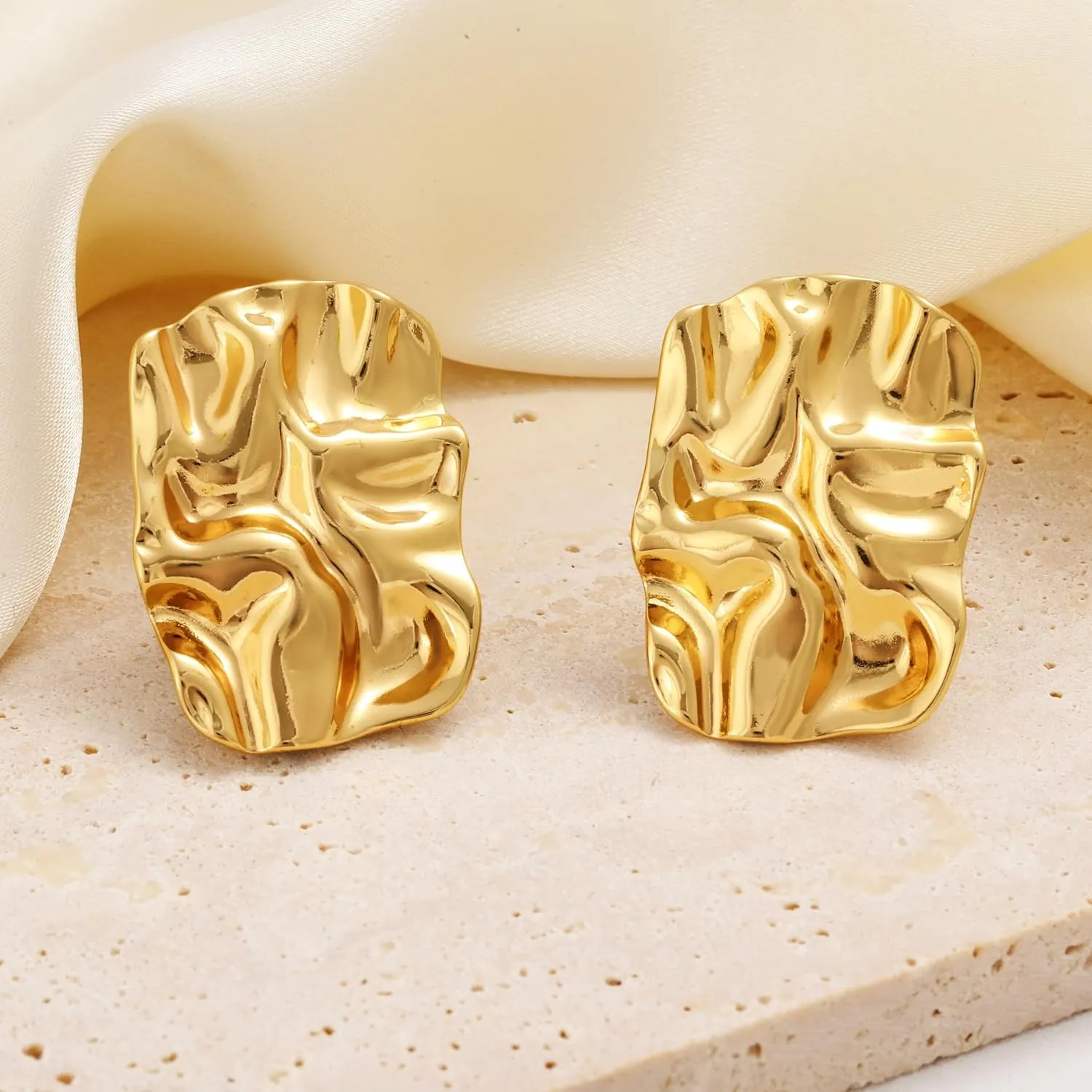 Chunky Gold Studs Earrings for Women- 14K Gold Plated Stainless Steel Heaven Mayhem Earrings Square Geometric Statement Dupes for Women