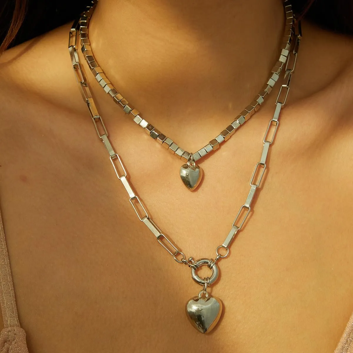 Chunky Layered Puff Heart Necklace for Women Multi Layered Gold Heart Pendant Necklace Vintage Punk Hip Hop Beaded Square Beaded Necklace 80's 90's Cuban Link Chain Statement Necklace