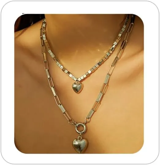 Chunky Layered Puff Heart Necklace for Women Multi Layered Gold Heart Pendant Necklace Vintage Punk Hip Hop Beaded Square Beaded Necklace 80's 90's Cuban Link Chain Statement Necklace