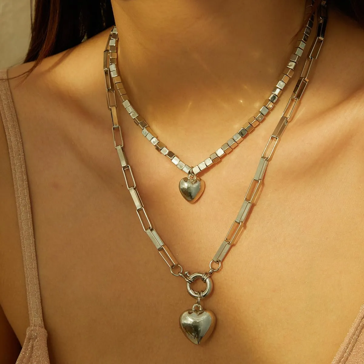 Chunky Layered Puff Heart Necklace for Women Multi Layered Gold Heart Pendant Necklace Vintage Punk Hip Hop Beaded Square Beaded Necklace 80's 90's Cuban Link Chain Statement Necklace