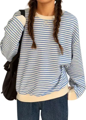 Cioatin Women Oversized Y2K Striped Colorblock Sweatshirt Pullover Drop Shoulder Crew Neck Sweater Jumper Fall Outfits