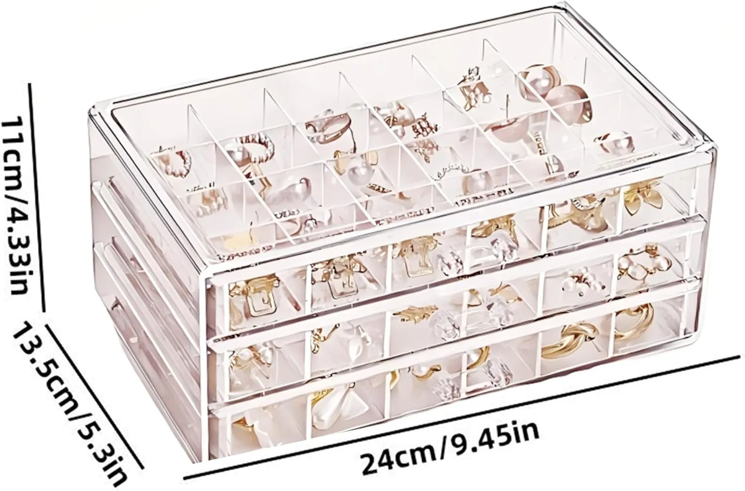 Clear Acrylic Earring Storage Organiser with 3 Drawers - Jewelry Box for Rings, Earrings, Necklaces, Makeup - Adjustable Earring Holder and Cosmetic Organizer (Clear)