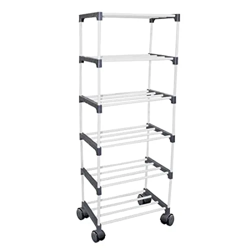 Confiado 6 layer metal shoe rack rack with wheels for multipurpose books, clothes, shoes etc. (6 shelf, Black)