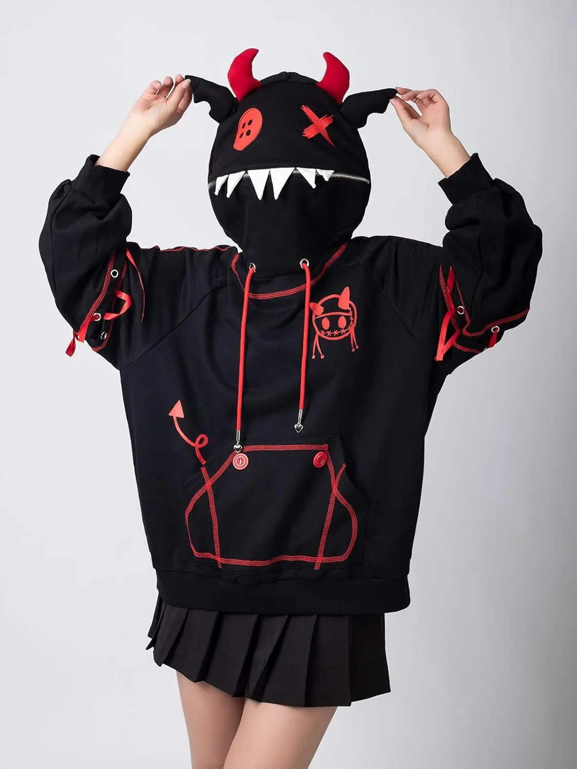 Cosfun Women's Devil Wings Hoodie Devil Horns Hoodie Pullover Sweatshirt IF0003