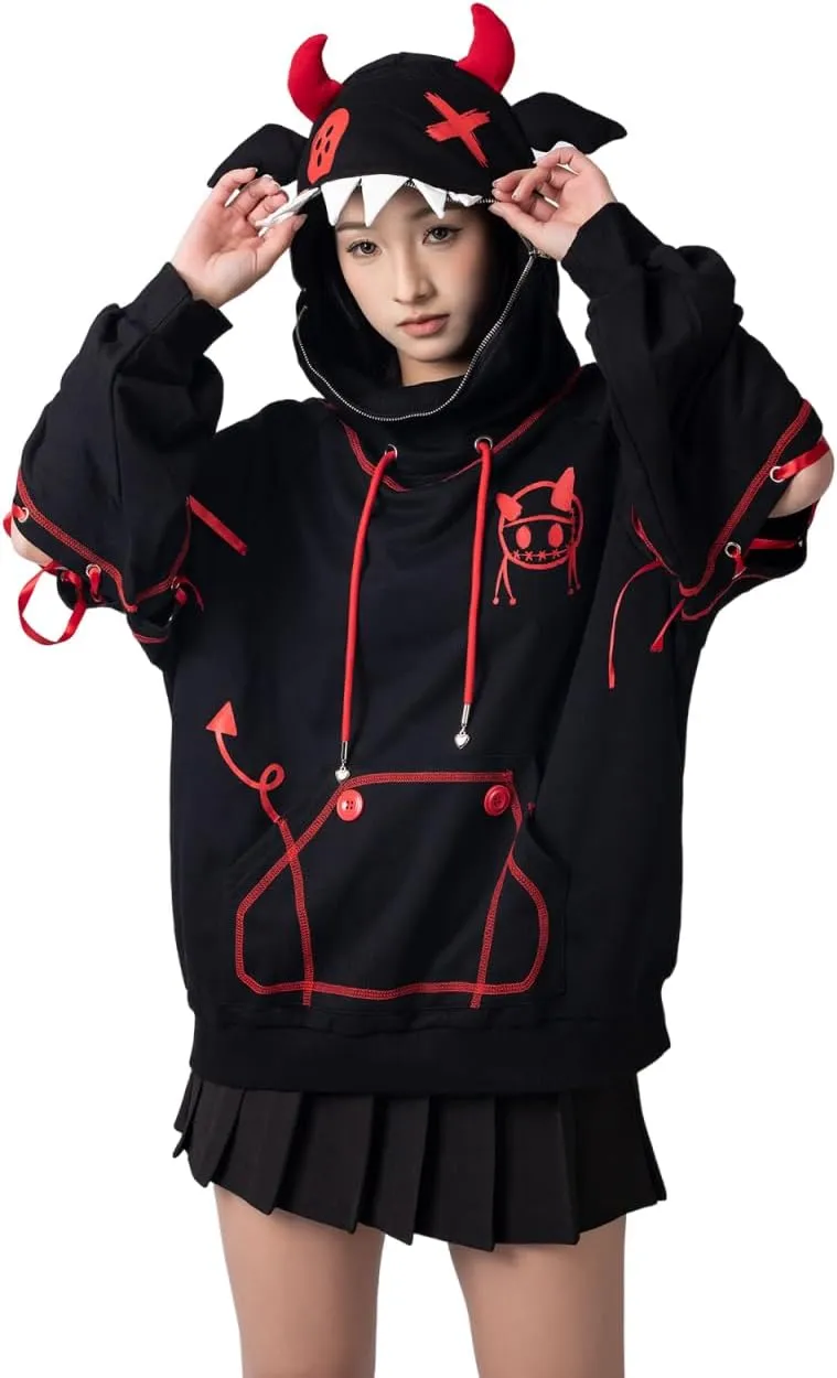 Cosfun Women's Devil Wings Hoodie Devil Horns Hoodie Pullover Sweatshirt IF0003