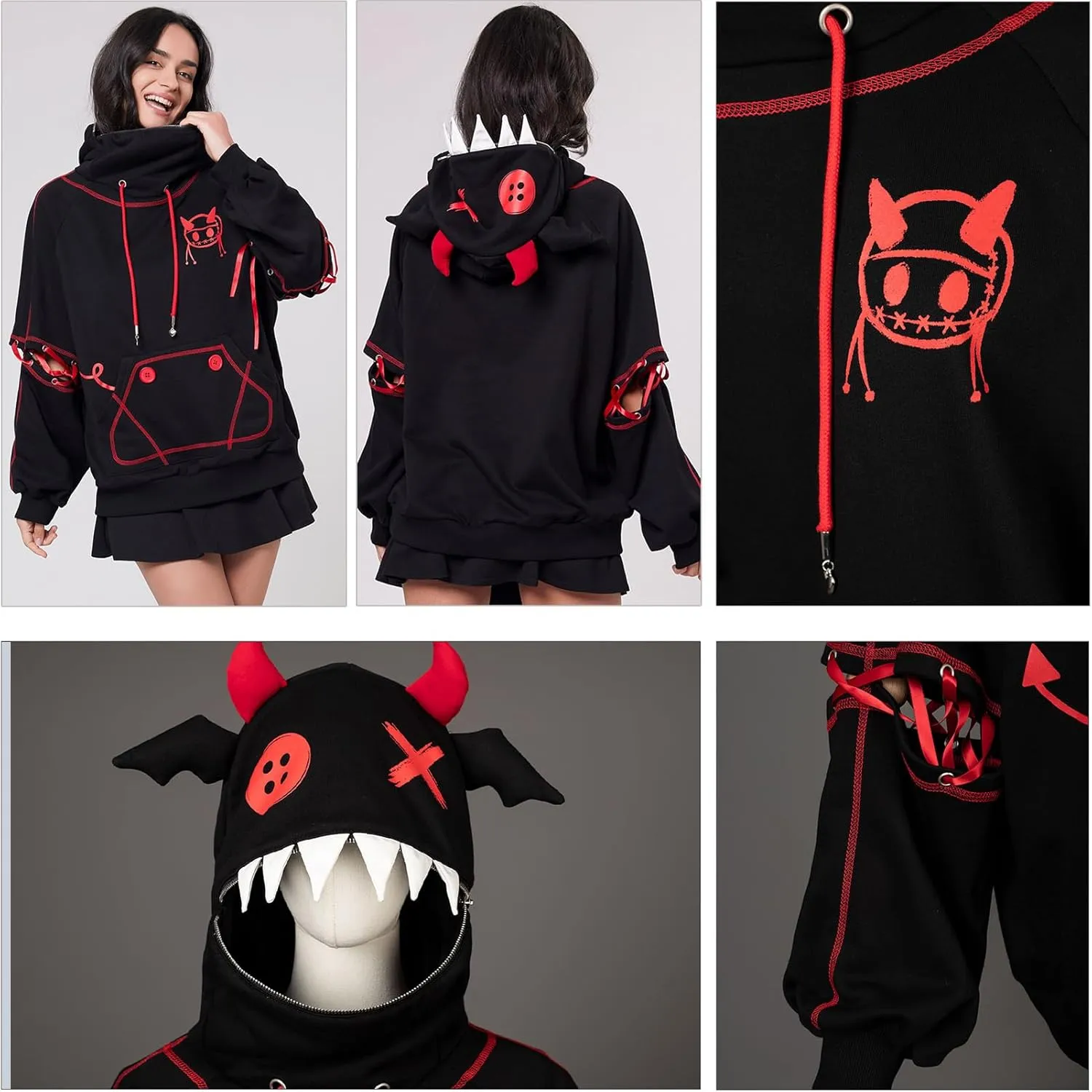 Cosfun Women's Devil Wings Hoodie Devil Horns Hoodie Pullover Sweatshirt IF0003