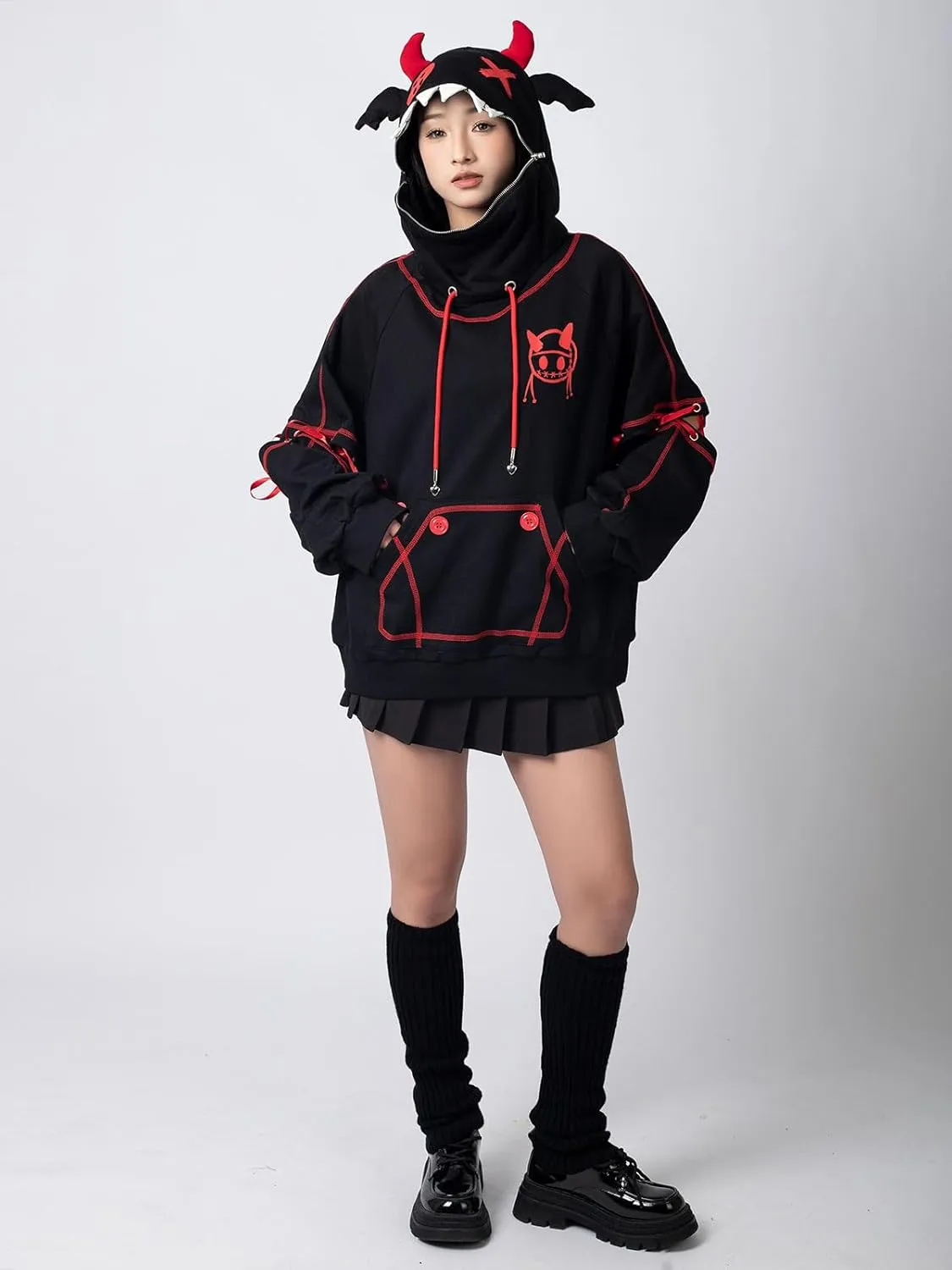 Cosfun Women's Devil Wings Hoodie Devil Horns Hoodie Pullover Sweatshirt IF0003