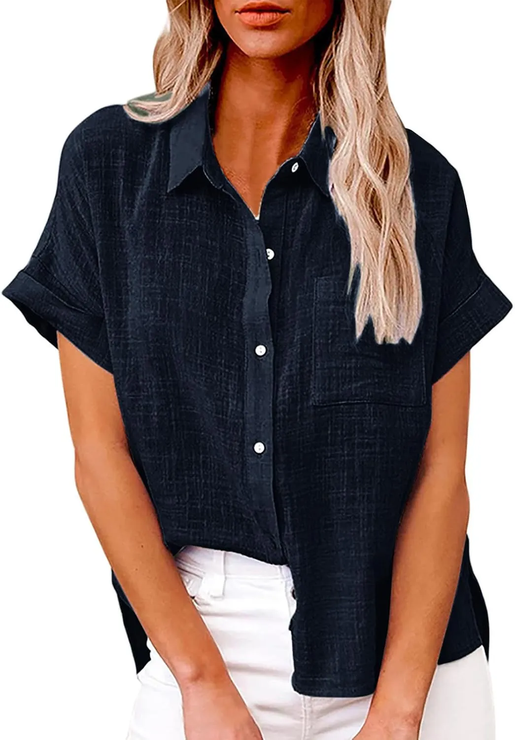 Cotton Linen Button Down Shirts for Women 2024 Trendy Summer Casual Tops Plus Size Collared Business Casual Blouses